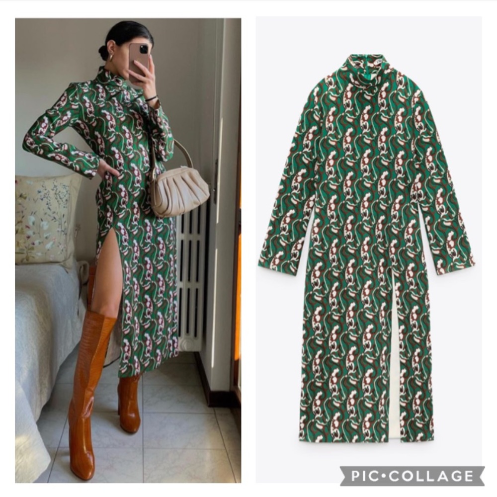 ZARA 70s look printed dress with slit blogger insta favorite